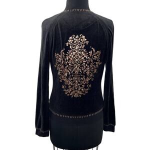 90s Y2K Twisted Heart Black Velour Zip Rose Gold Embellished Jacket Sweater M